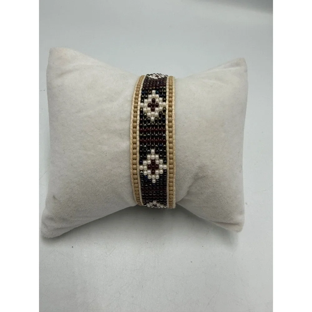 Seed Bead Loom Bracelet Geometric Diamond Boho Adjustable Burgundy Cream